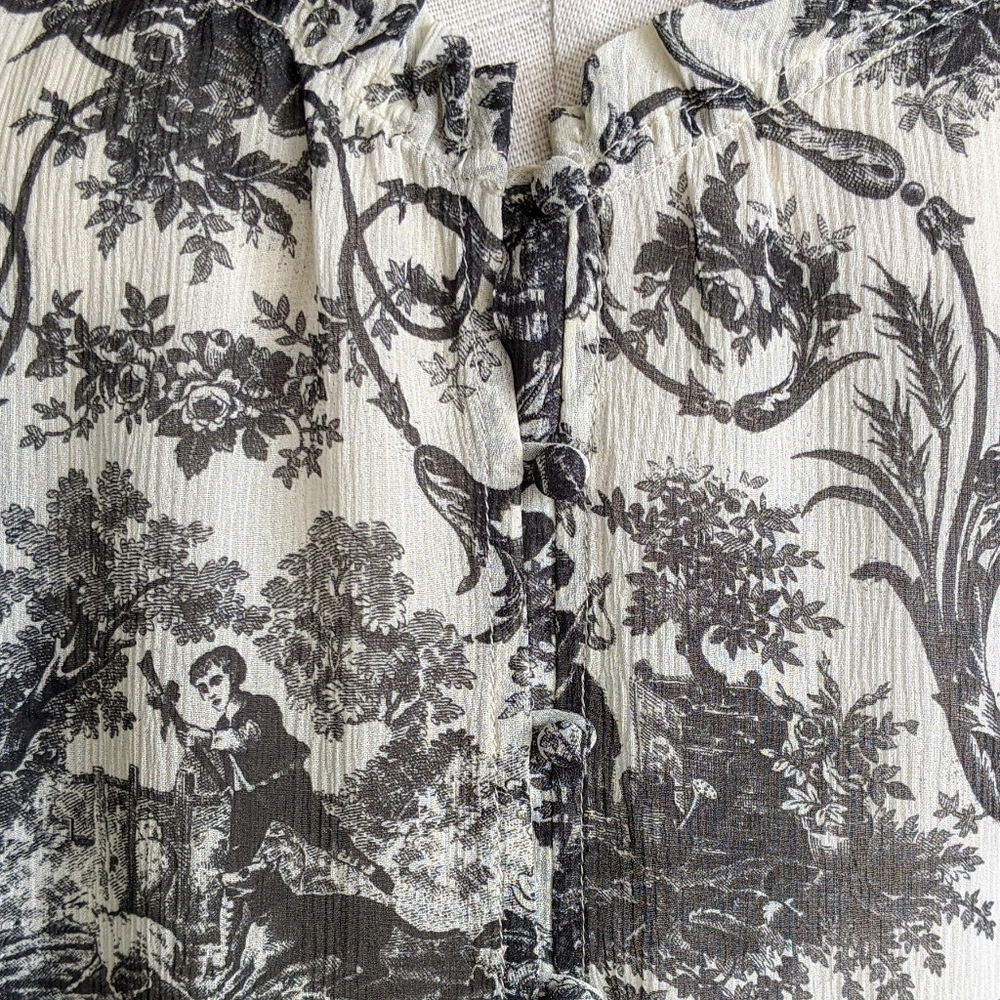PAIGE Blouse 100% Silk Semi-Sheer Long Sleeves Toile Print Black Parchment S NWT - Picture 6 of 16